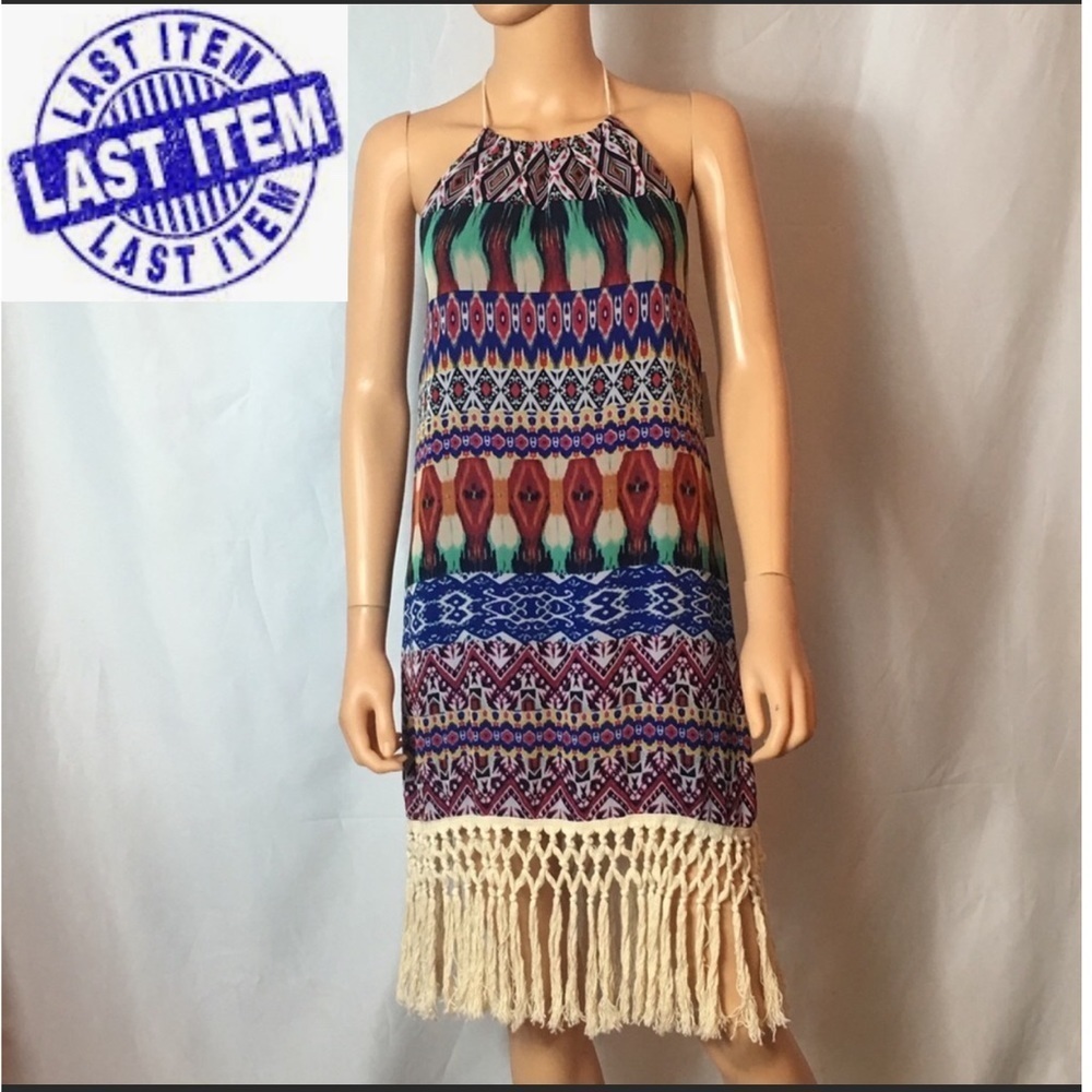 Jodi Kristopher Boho Fringe Halter Tie Dress XL